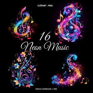 16 Notas musicales de neón PNG, Nota musical de colores, Descarga instantánea, Uso comercial, Luz de neón, Notas prediseñadas, Fondo negro