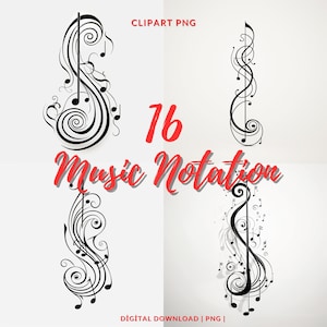 16 Notación musical Clipart PNG, Nota musical monocromática, Descarga instantánea, Uso comercial, Notación Clipart, Clave de sol, Nota musical en clave