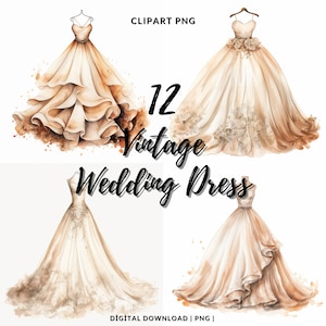 Watercolor Wedding Dress Clipart: Vintage PNG Set (12 Images)