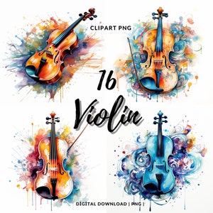 Watercolor Violin Clipart PNG: Musical Elegance (16 Images) (Digital Download)