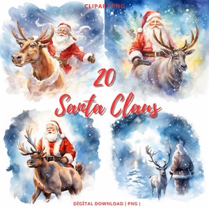 Watercolor Santa Claus Clipart: 20 Flying Reindeer PNG Images (Digital Download)