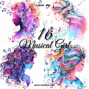 Imágenes prediseñadas de música PNG, paquete de acuarela de chica musical de 16 colores, uso comercial, imágenes prediseñadas de notas, paquete de acuarela de cabello musical PNG