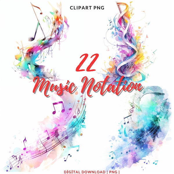 Notación musical acuarela Clipart PNG, 22 notas musicales de colores, paquete de acuarela de notación musical, uso comercial, imágenes prediseñadas de notas