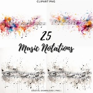 Notation musicale aquarelle Clipart PNG, 25 note de musique de couleur, téléchargement immédiat, usage commercial, notes des cliparts, noir - blanc Notes Png