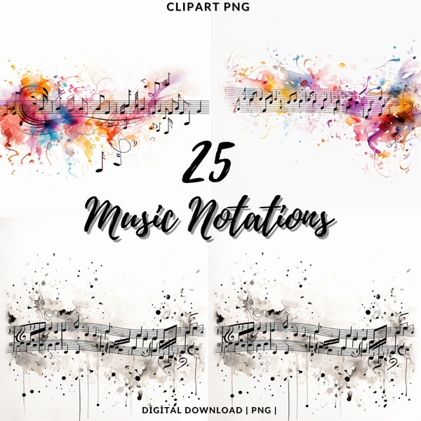 Music Notation Watercolor Clipart PNG, Colored 25 Musical Note,  Instant Download, Commercial Use, Notes Clipart , Black - White Notes Png