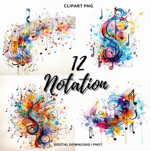 12 Music Notation Watercolor Clipart PNG, Colored Musical Note,  Instant Download, Commercial Use, Notes Clipart