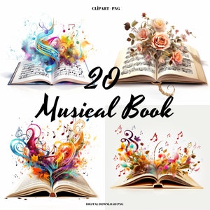 Muziekboek aquarel clipart png, 20 gekleurde muzikale fantastische boeken, instant download, commercieel gebruik, notities clipart, muziekboeken