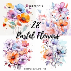 Blumen Clipart PNG, 28 hochwertige Blumen - Digital Download - Kartenherstellung, Aquarell Pastell Blumen, Digitales Papierhandwerk