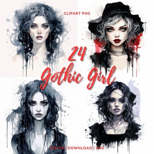 Clipart gotisch meisje portret: aquarel png-bundel (commercieel gebruik)