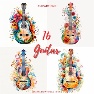 Gitaar clipart png, aquarel clipart, 16 gitaar png, hoge kwaliteit gitaarafbeeldingen, geborduurde gitaar clipart bundel set, gitaar png