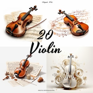20 viool realistische clipart-png, muzieknotatie viool, instant download, commercieel gebruik, muzikale elegantie clipart