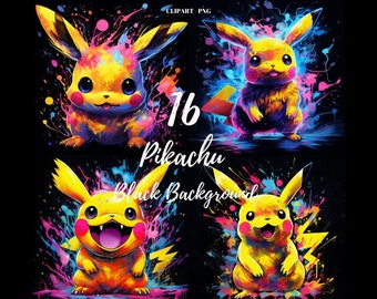 Neon Pikachu Clipart PNG: 16 Black Background Images (Digital Download)