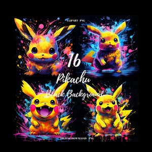 Neon Pikachu Clipart PNG: 16 Black Background Images (Digital Download)