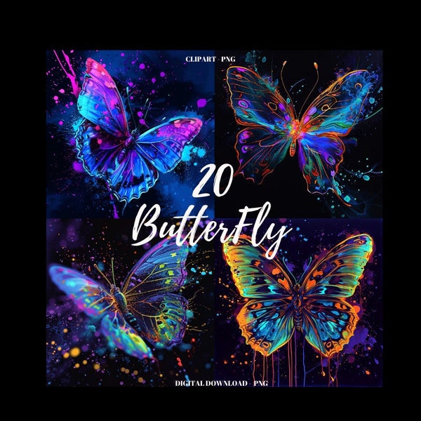 Butterfly Clipart PNG, Butterflies Images Bundle, Neon Butterfly Clipart, Butterflies Neon Black Background Png, Digital Paper Craft