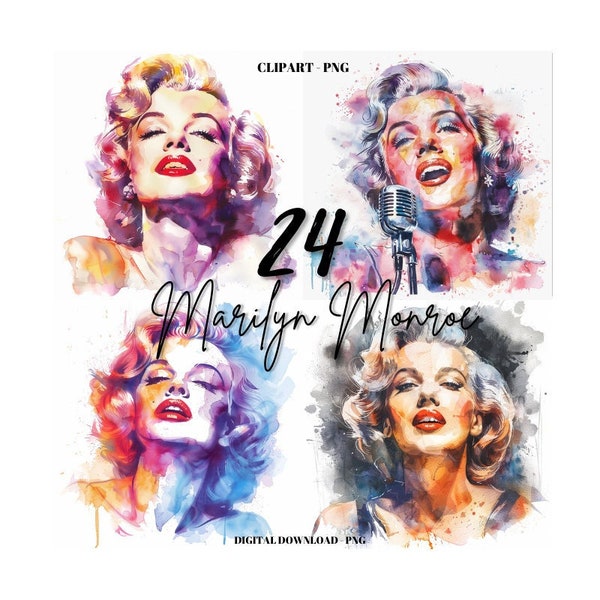 Clipart Marilyn Monroe, 24 silhouettes de Monroe vintage aquarelle, Marilyn Monroe Images dessin Illustration, fabrication de cartes
