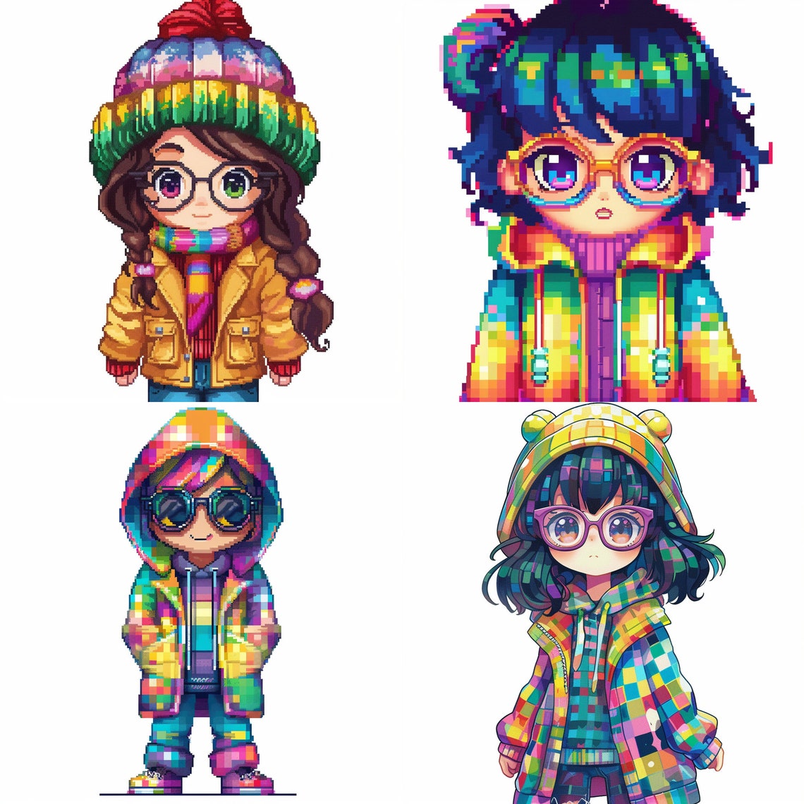 Kawaii Clipart PNG, 16 Cute Kawaii Girl Images Bundle, Pixel Kawaii