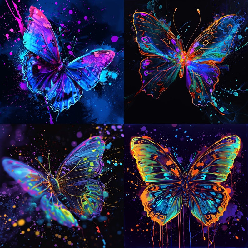 Butterfly Clipart PNG, Butterflies Images Bundle, Neon Butterfly Clipart, Butterflies Neon Black