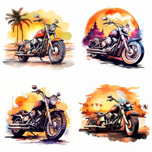 May include: Four watercolor illustrations of classic motorcycles with sunset backgrounds. Each motorcycle is a different color and has a unique design.