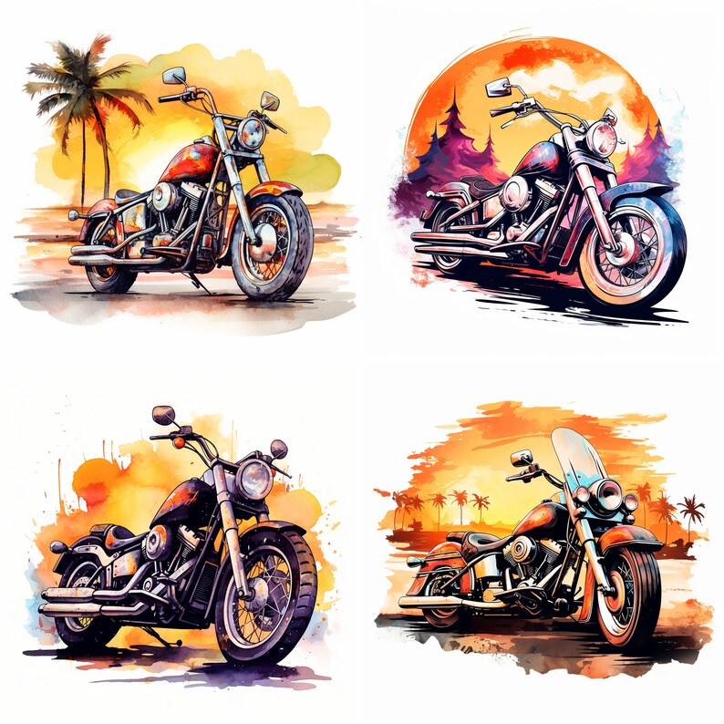 May include: Four watercolor illustrations of classic motorcycles with sunset backgrounds. Each motorcycle is a different color and has a unique design.