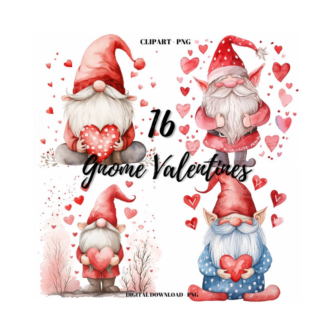 Valentines Gnomes Clipart, 16 PNG Watercolor Festive Gnomes Clipart ...