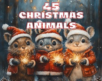 Christmas Animals Clipart, 45 Festive PNG Designs, Whimsical Holiday Wildlife Graphics, Woodland Christmas Illustrations