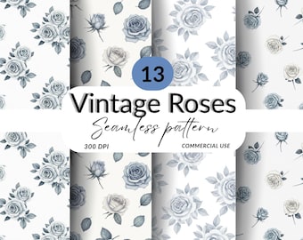 Seamless Vintage Rose Pattern Bundle, 13 Floral Patterns, Shabby Chic Roses, Cottagecore 300 DPI