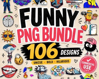 Grappige PNG-bundel 106 ontwerpen, meme-clipartpakket, afbeeldingen voor commercieel gebruik, T-shirtontwerpbestanden