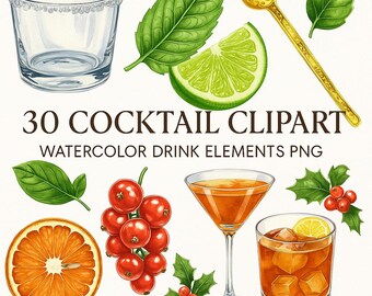 Watercolor Cocktail Clipart, Drink Illustrations (Digital Download)