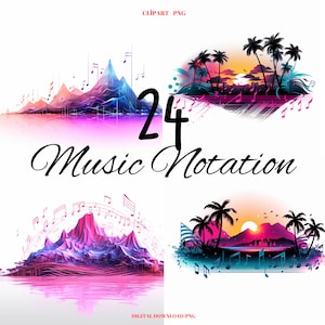 May include: A digital illustration of 24 music notation symbols. The symbols are in a colorful, abstract style with a pink and blue color scheme. The symbols are arranged in a circular pattern around a mountain range and a tropical sunset scene.