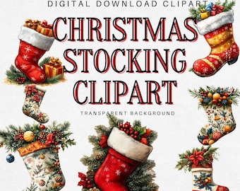 Könnte beinhalten: Digitaler Download von Weihnachtsstrumpf-Clipart. Die Strümpfe sind rot, weiß und grün mit verschiedenen Mustern und Designs. Die Strümpfe sind mit Stechpalme, Beeren und Tannenzweigen verziert. Der Text "Christmas Stocking Clipart" ist in roten und schwarzen Buchstaben dargestellt.