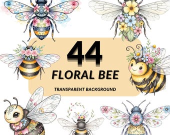 Bee Clipart PNG Bundle, 44 Cottagecore Floral Bees, Transparent Background, Printable Graphics