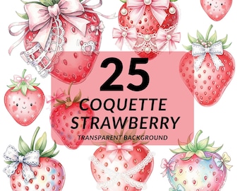 Coquette Strawberry Clipart PNG, 25 Strawberry Bundle PNGs, Transparent Background