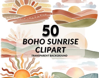 Boho Sunrise Clipart PNG Bundle, 50  Minimal Sun PNG, Transparent Background