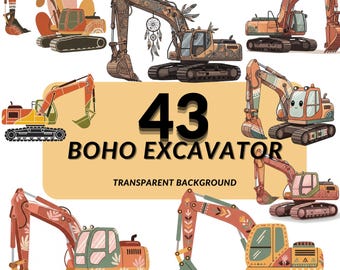 Construction Vehicles Clipart PNG Bundle, 43 Boho Excavator, Transparent Background, Kids Clipart, Commercial Use