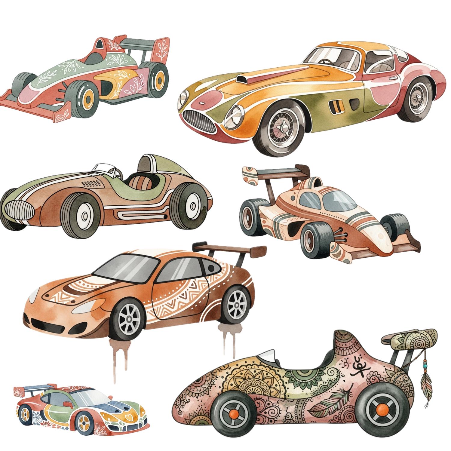 Boho Racing Flags Racing Car Clipart PNG Bundle, 50 Boho Formula Style Cars, Retro ...