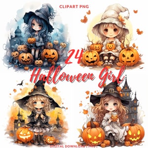 Halloween Clipart PNG, 24 Halloween Cute Girl illustration, Halloween Cute Clipart, Card Making, Digital Paper Craft, Halloween Girl Bundle