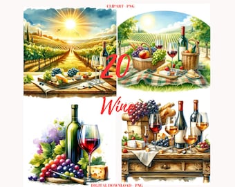 May include: Four digital illustrations of wine-themed scenes. The first scene shows a vineyard with a sunset in the background. The second scene shows a picnic basket with wine, cheese, grapes, and bread. The third scene shows a bottle of wine, grapes, and a glass of wine. The fourth scene shows a table with a bottle of wine, grapes, cheese, and bread.