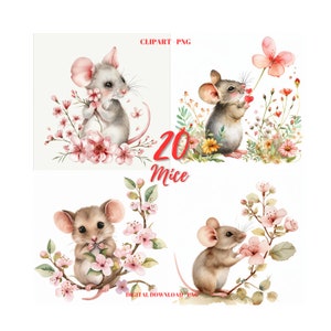Cute Mice with Flowers Clipart, 20 Watercolor Mouse PNG, Animal Bundle, Mice with Flowers Images, Cute Mouse Clipart, Digital Craft PNG