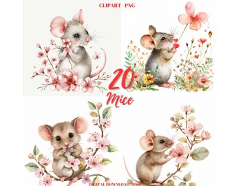 Mouse Clipart, 20 Watercolor Floral Animal Bundle (Digital PNG)