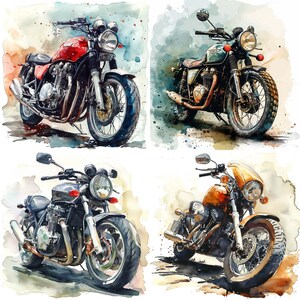 May include: Four vintage motorcycles in different colors and styles, painted in a watercolor style. The motorcycles are all in focus and the background is blurred.