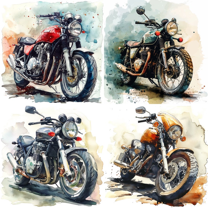 May include: Four vintage motorcycles in different colors and styles, painted in a watercolor style. The motorcycles are all in focus and the background is blurred.