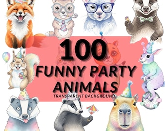 Funny Animal Clipart Bundle, 100 Party Animals PNG, Birthday Celebration PNG, Transparent Background