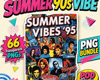 Zomerse jaren 90 sfeer png-bundel, POD-afbeeldingen, 66 transparante png-afbeeldingen voor sublimatieshirts