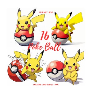 Pikachu Clipart PNG, lot de 16 Images Poke Ball, illustration Pokémon, fabrication de cartes, créations numériques en papier, dessin animé PNG