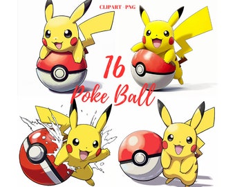 Pikachu Clipart: 16 Poke Ball Cartoon PNG Bundle (Digital Download)