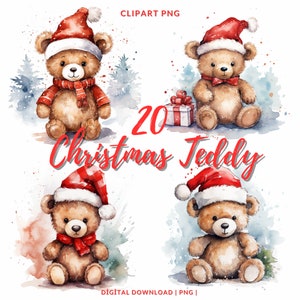 Clipart de ursinho de pelúcia de Natal PNG, 20 imagens de alta qualidade, Feliz Natal, confecção de cartões, artesanato em papel digital, uso comercial