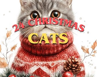 Kattenclipart: 24 feestelijke kerstkatjes (digitale png-download)