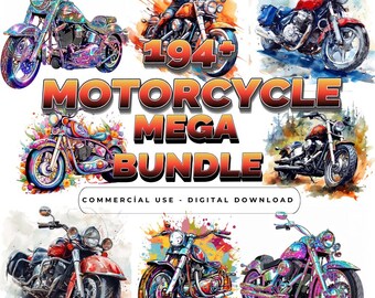 Motorcycle Clipart Bundle, 194 Watercolor  Motorbike PNG, Racing & Vintage Bike Graphics, Commercial Use