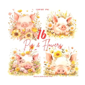 Pig Clipart PNG, 16 Cute Pig PNG, Animal Bundle, Pig Flowers Clipart, Cute Pigs PNG, Card Making, Digital Crafts, Pigs Images Bundle