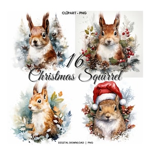 Clipart Noël PNG, 16 écureuils aquarelle de Noël PNG, lot d'animaux, clipart écureuil, écureuil de Noël PNG Bundle, fabrication de cartes